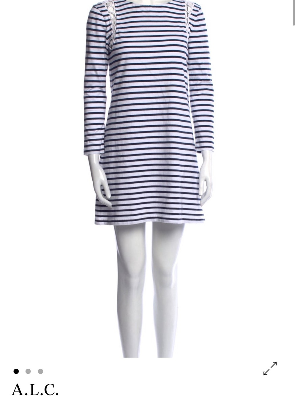 A.L.C. Navy and White Striped Long-Sleeve Shift Dress with Lace Shoulder Detail